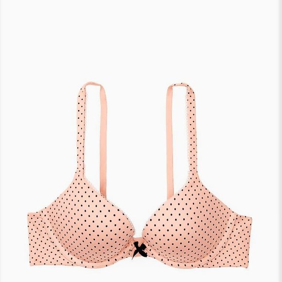 VICTORIA'S SECRET Body Push Up Bra 34DD Padded for sexy lift Peach Black dot - Picture 1 of 8